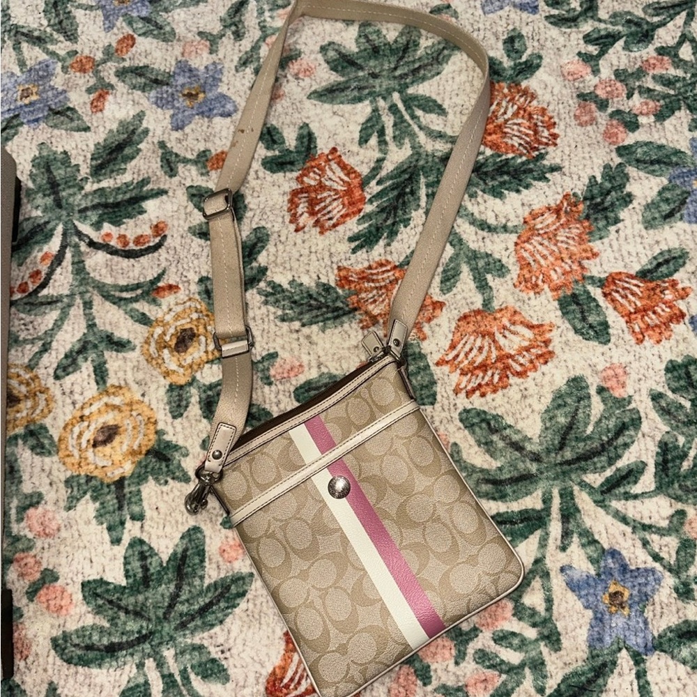 Coach Beige Crossbody Bag with Pink Stripe